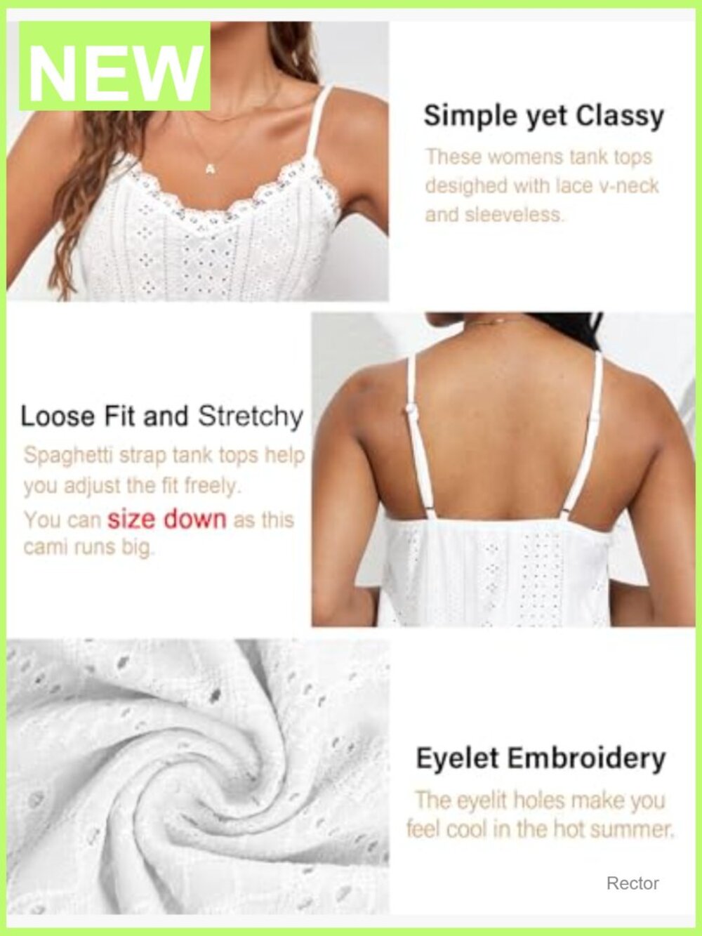V Neck Spaghetti Strap Tank Top Sleeveless Blouse Loose Fit Eyelet Embroidered - Picture 4 of 7